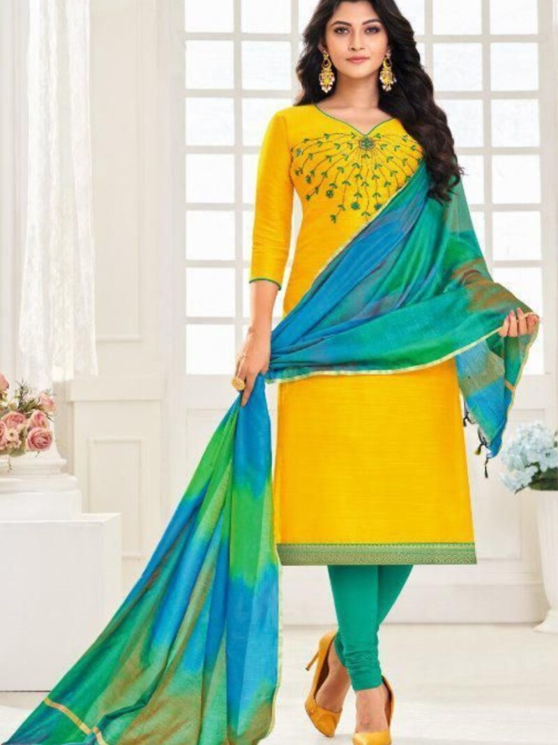 Cotton dress material with Rainbow dupatta- Yellow
