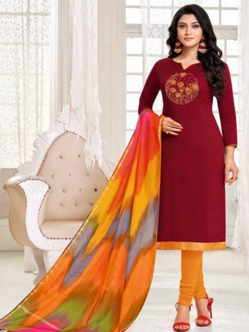 Cotton dress material with Rainbow dupatta- Maroon