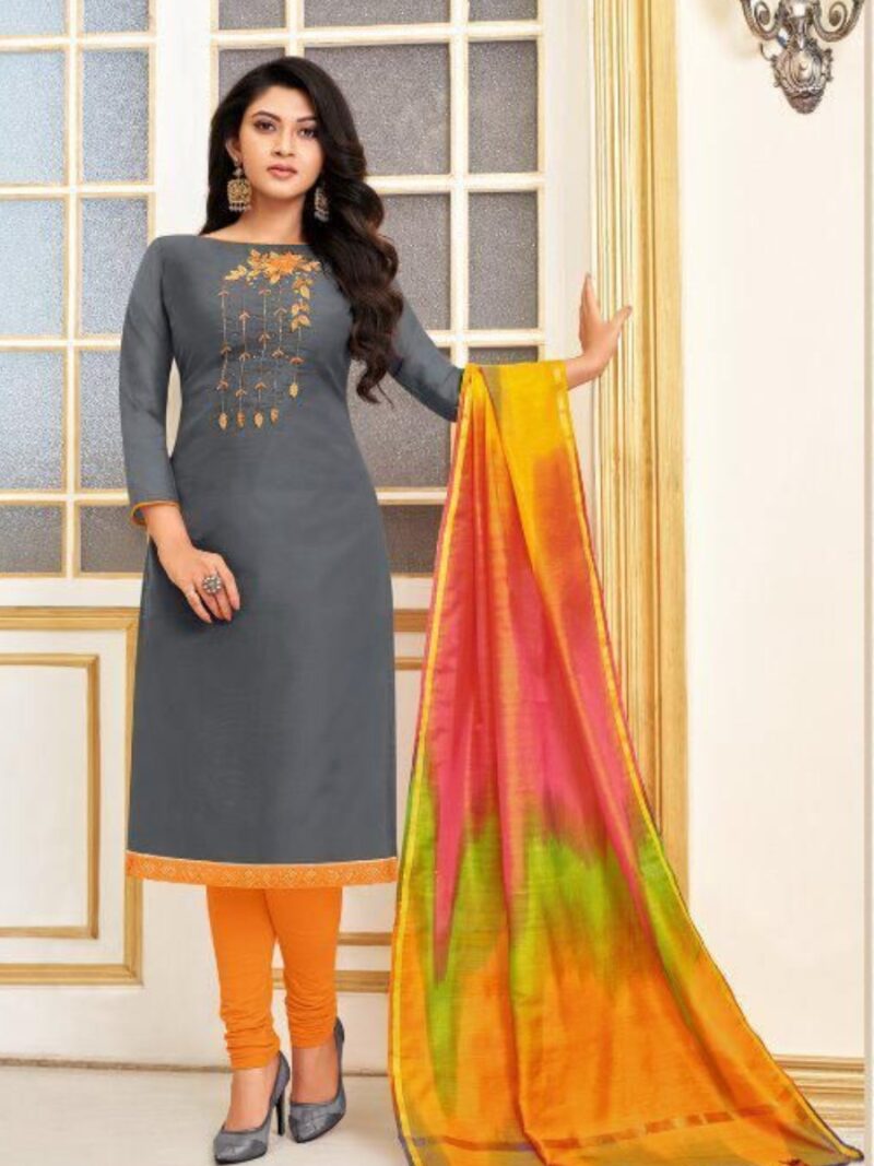 Cotton dress material with Rainbow dupatta- Grey