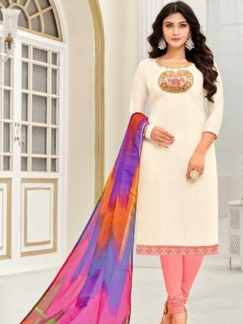 Cotton dress material with Rainbow dupatta-Cream and Pink