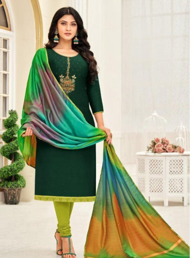 Chanderi dress material with Rainbow dupatta- Green
