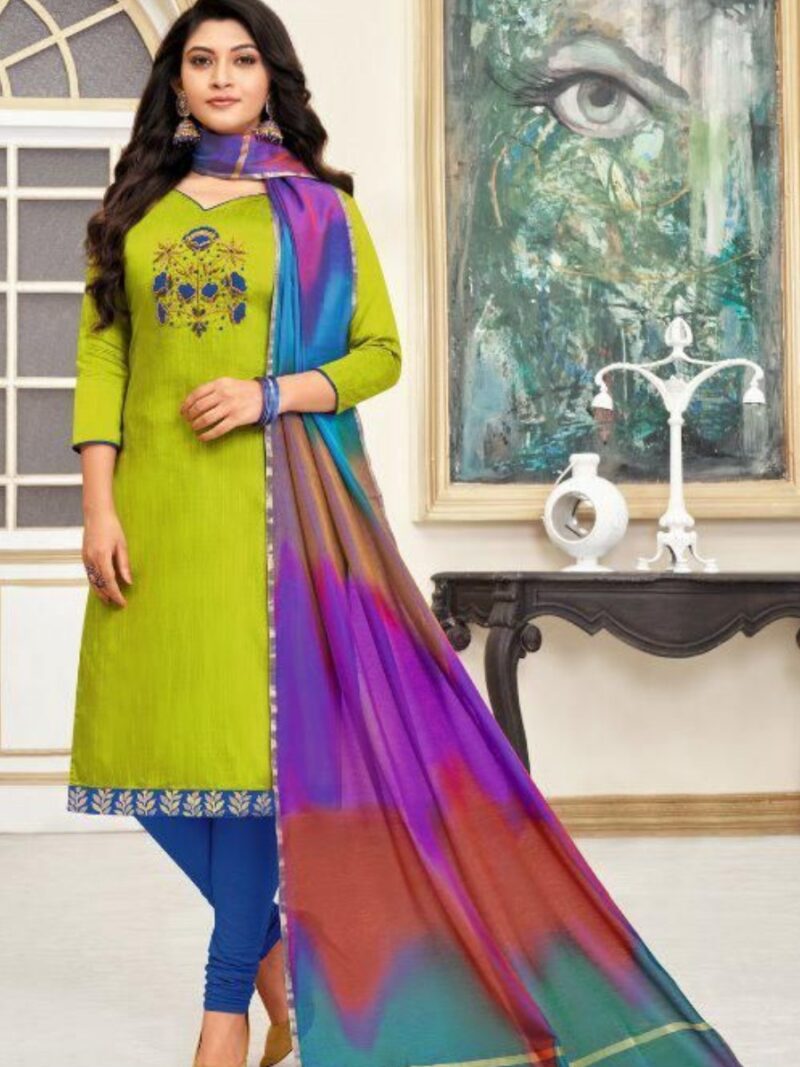 Cotton dress material with Rainbow dupatta- Green and Blue