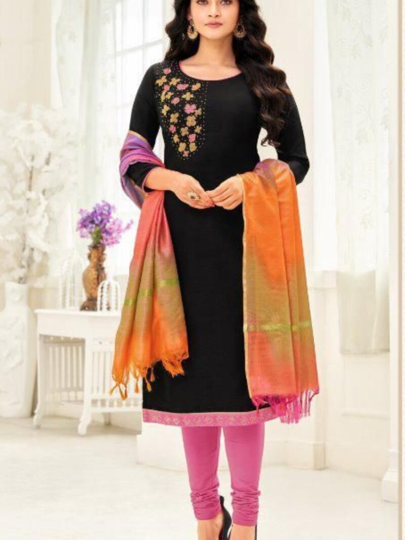 Cotton dress material with Rainbow dupatta-  Black and Pink