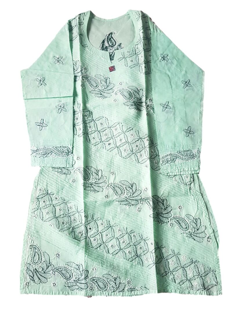 Women's Cotton Hand Embroidered Chikankari Straight Kurta - Green