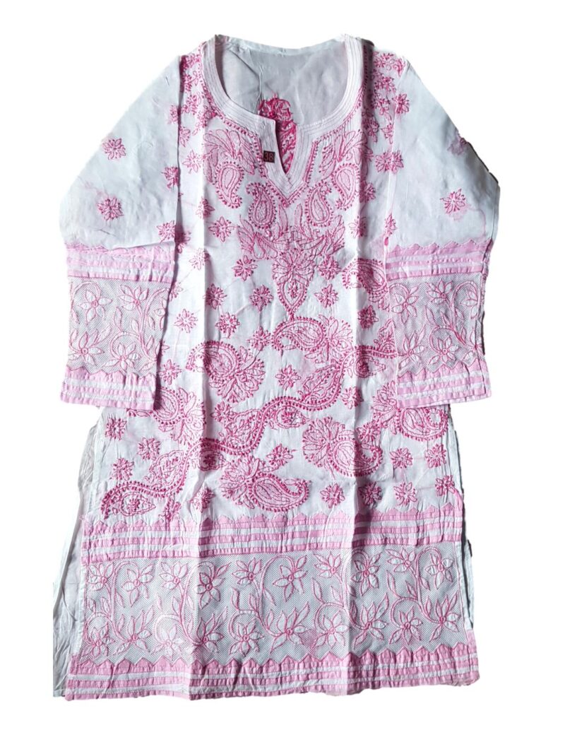 Women's Cotton Hand Embroidered Chikankari Straight Kurta with Net design - White