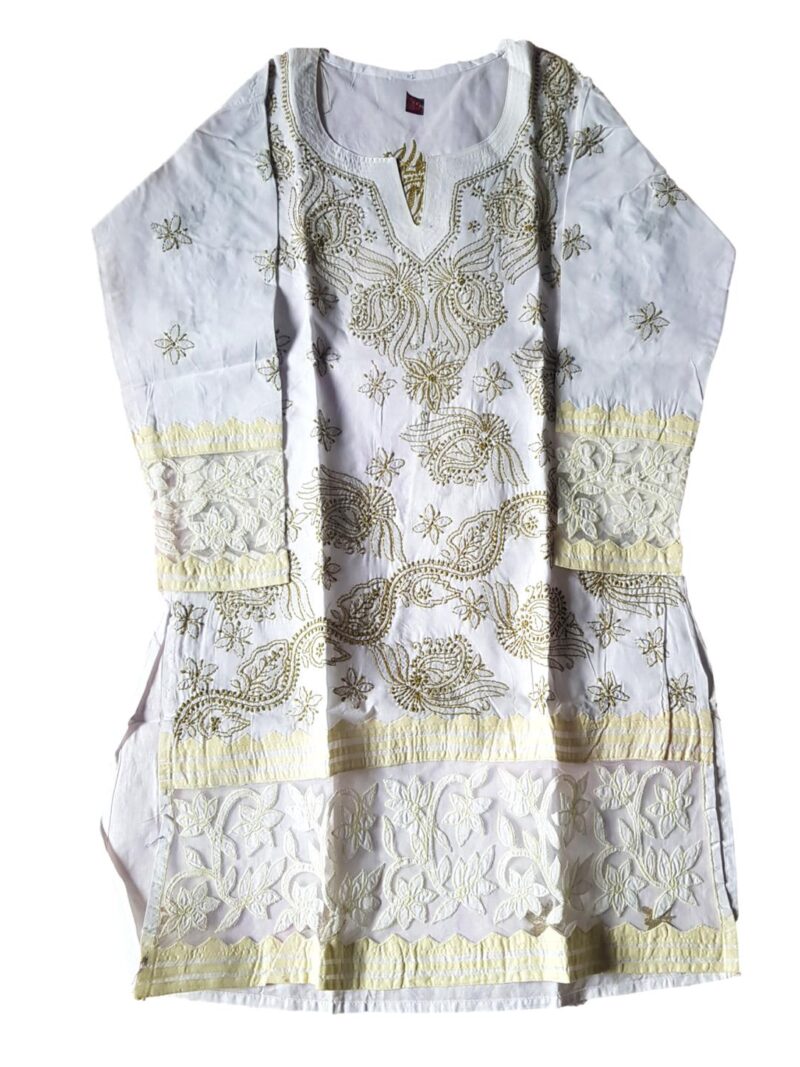 Women's Cotton Hand Embroidered Chikankari Straight Kurta with Net design - White