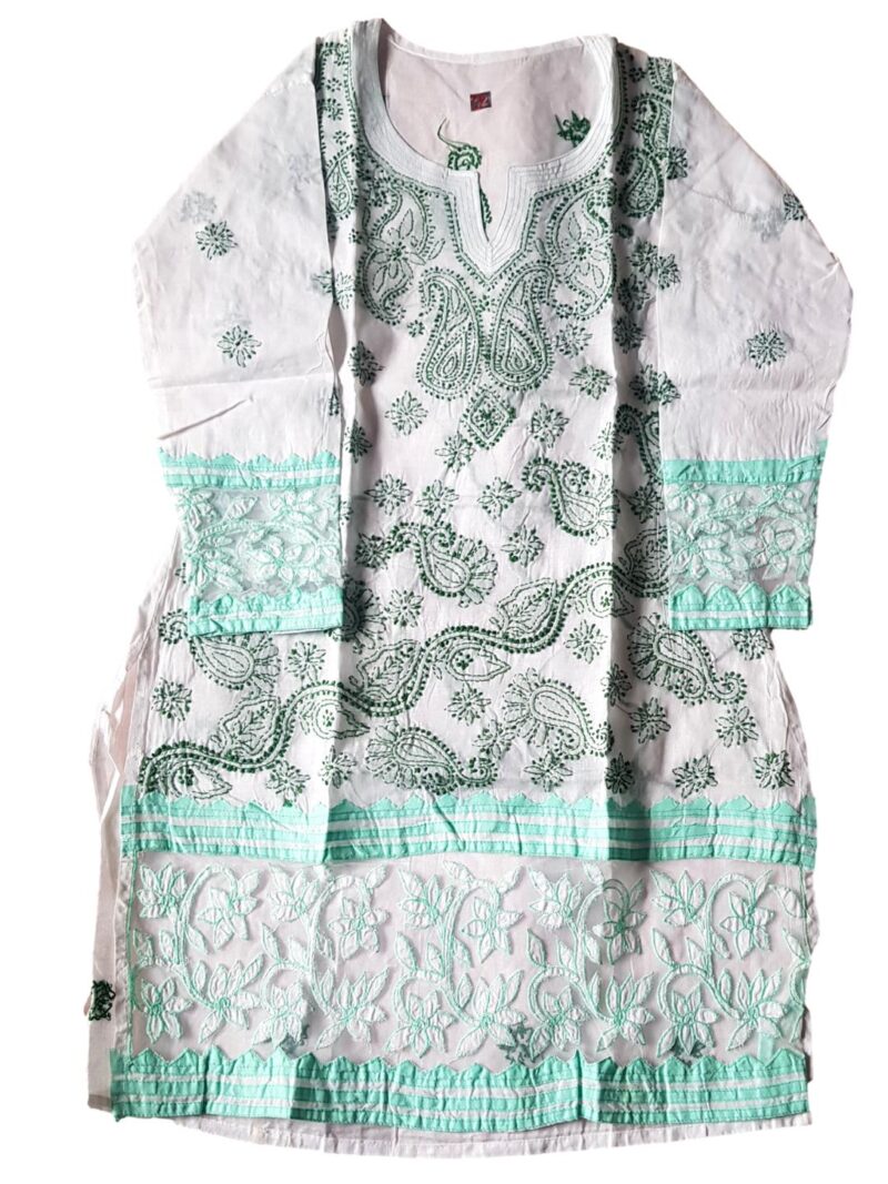Women's Cotton Hand Embroidered Chikankari Straight Kurta with Net design - White