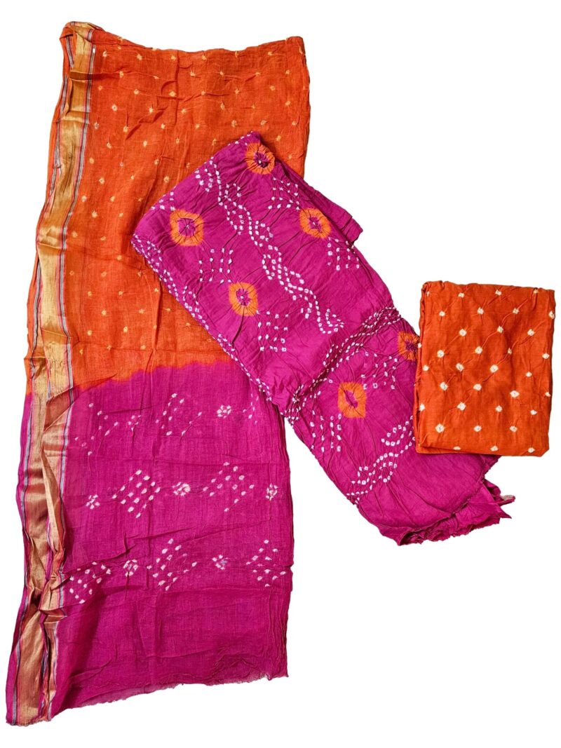 Women's Pure Cotton Rajasthani Bandhani unstitched dress material with dupatta (Rani and Orange)