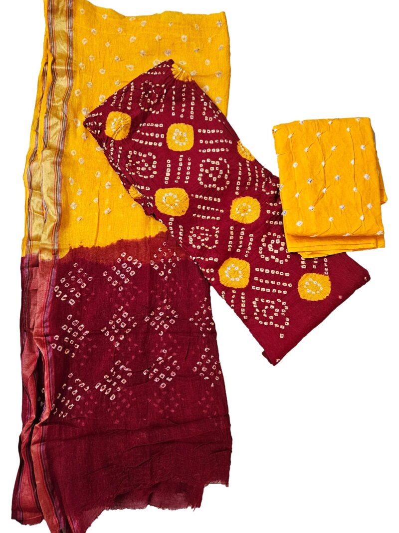 Women's Pure Cotton Rajasthani Bandhani unstitched dress material with dupatta (Red and Yellow)