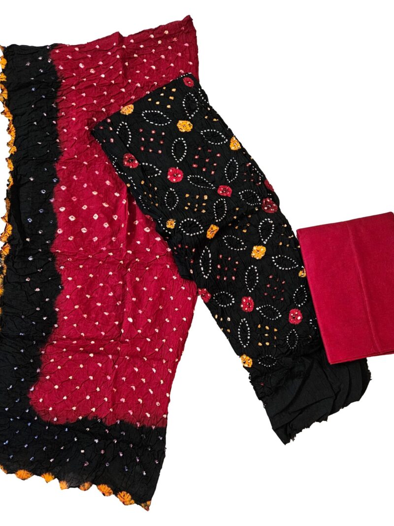 Women's Pure Cotton Rajasthani Bandhani unstitched dress material with dupatta (Black and Maroon)