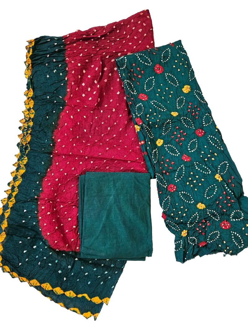 Women's Pure Cotton Rajasthani Bandhani unstitched dress material with dupatta (Green)