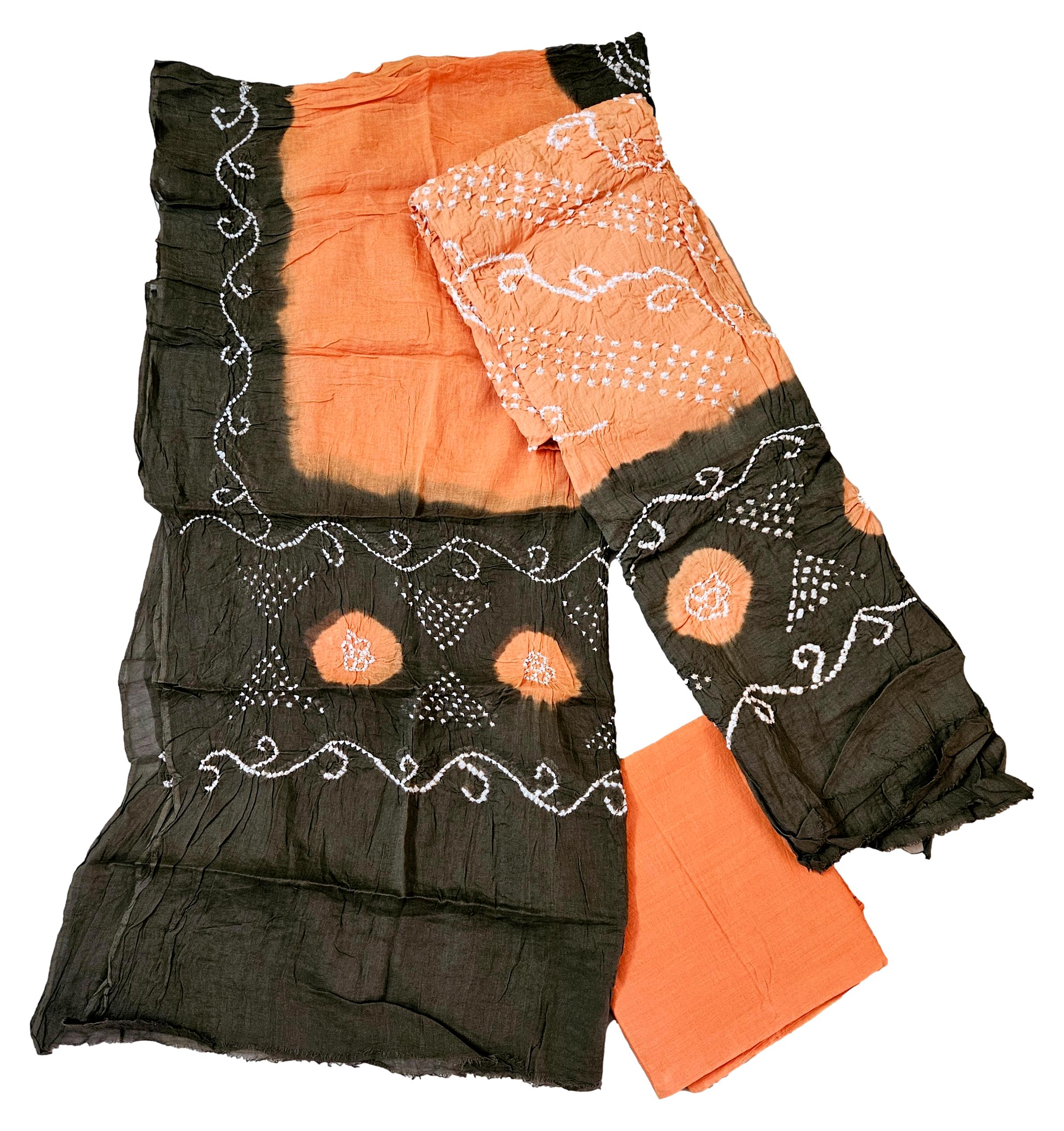 Women's Pure Cotton Rajasthani Bandhani unstitched dress material with dupatta (Peach and Brown) - Image 6