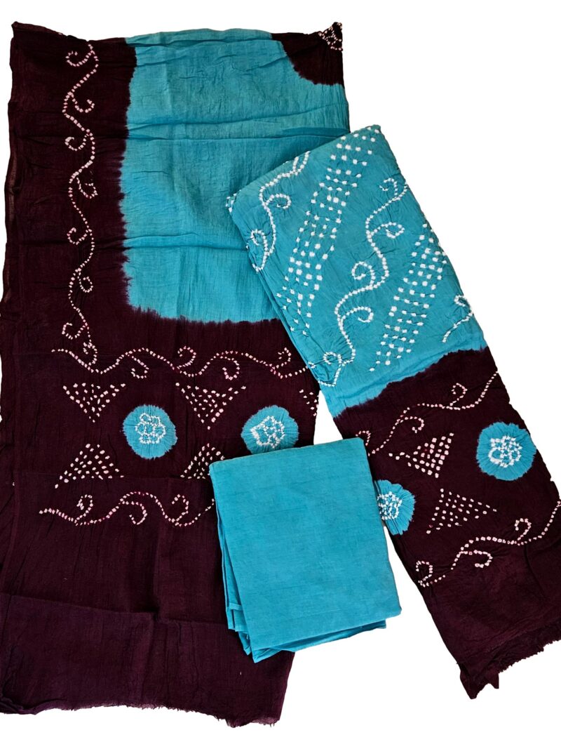 Women's Pure Cotton Rajasthani Bandhani unstitched dress material with dupatta (Aqua)