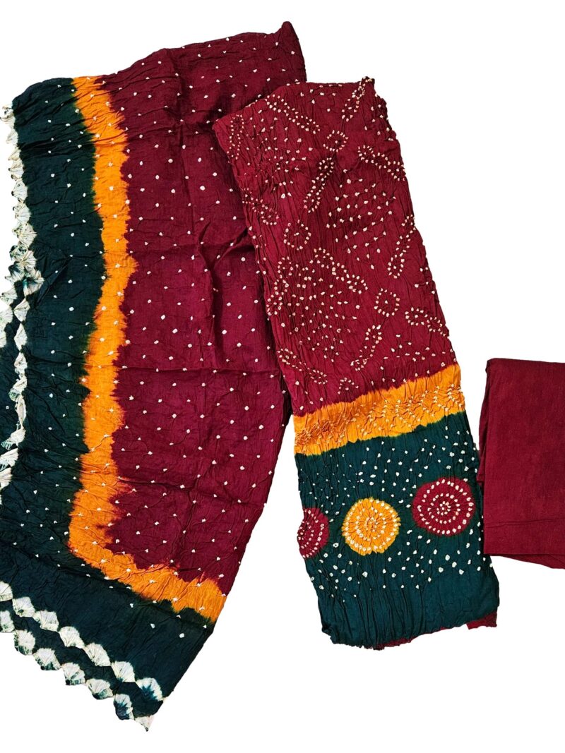 Women's Pure Cotton Rajasthani Bandhani unstitched dress material with dupatta (Maroon)