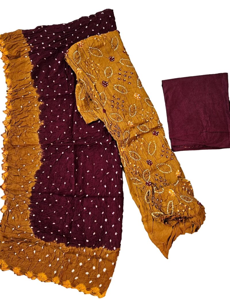Women's Pure Cotton Rajasthani Bandhani unstitched dress material with dupatta (Mustard and Maroon)