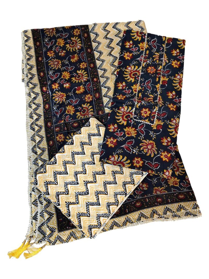 Pure Cotton hand block printed women's dress material with pure cotton dupatta - Grey (Unstitched)