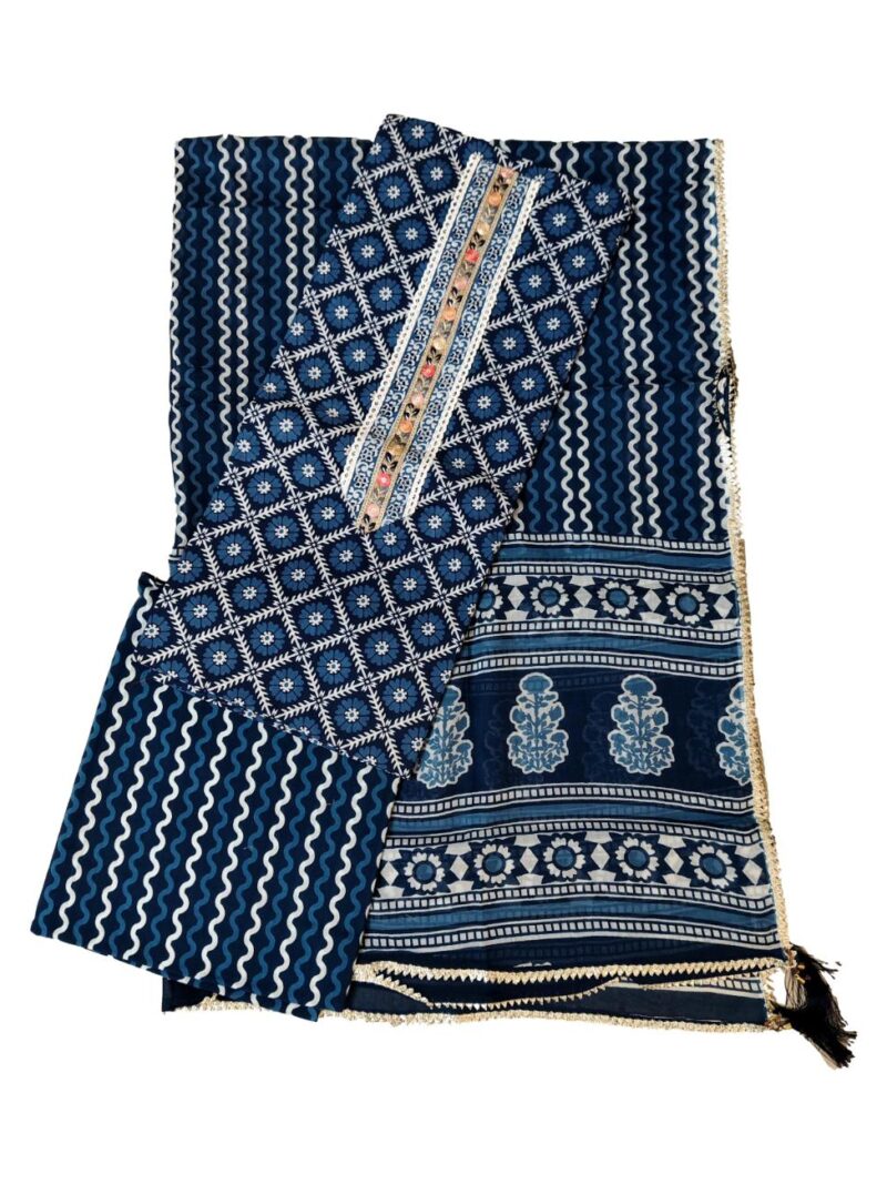 Pure Cotton hand block printed women's dress material with pure cotton dupatta - Indigo (Unstitched)