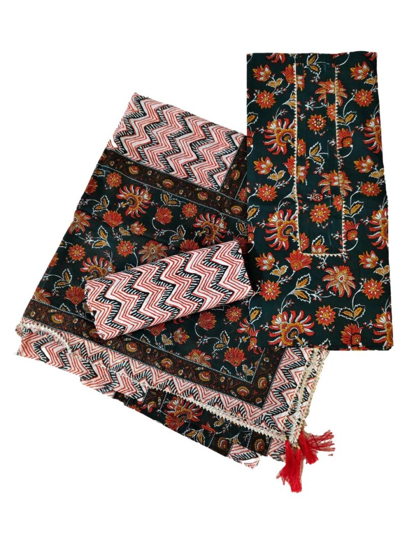 Pure Cotton hand block printed women's dress material with pure cotton dupatta - Green (Unstitched)