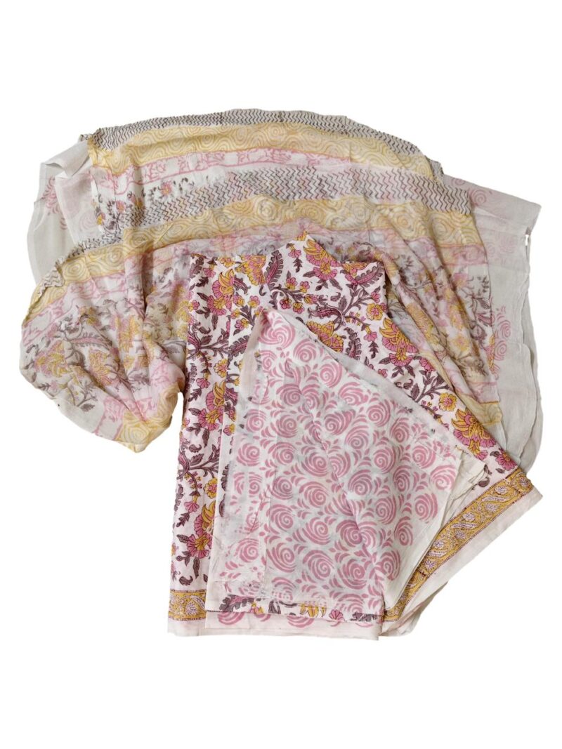 Pure Cotton hand block printed women's dress material with pure chiffon dupatta - White and Pink (Unstitched)