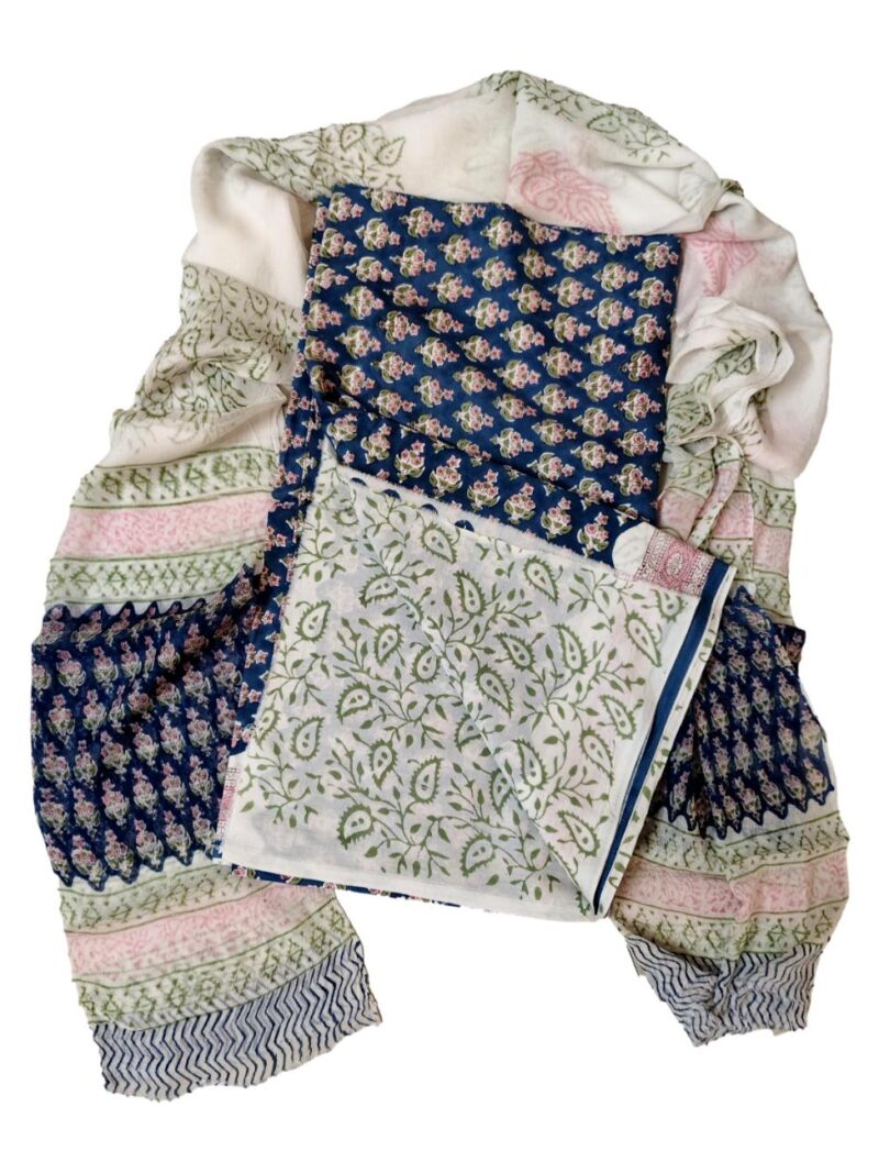 Pure Cotton hand block printed women's dress material with pure chiffon dupatta - Blue and White (Unstitched)