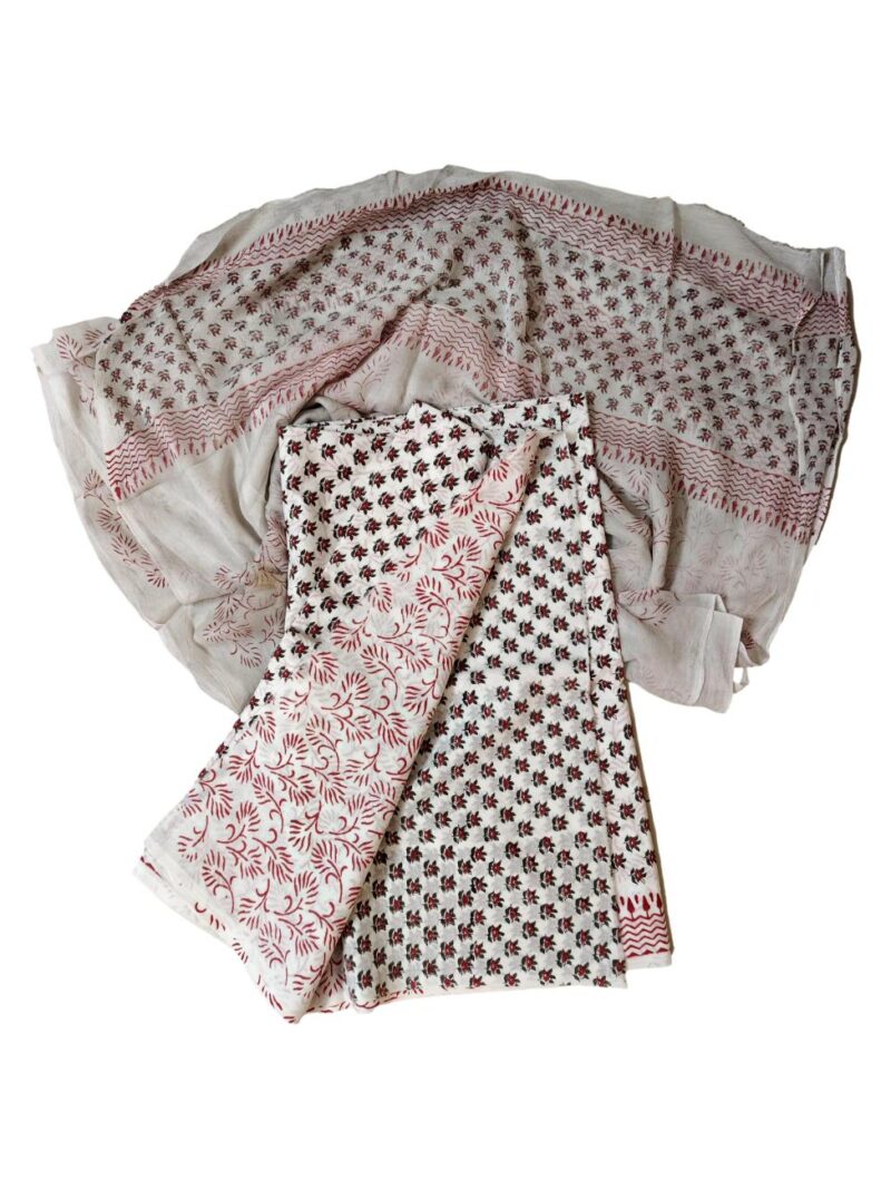 Pure Cotton hand block printed women's dress material with pure chiffon dupatta - White and Red (Unstitched)