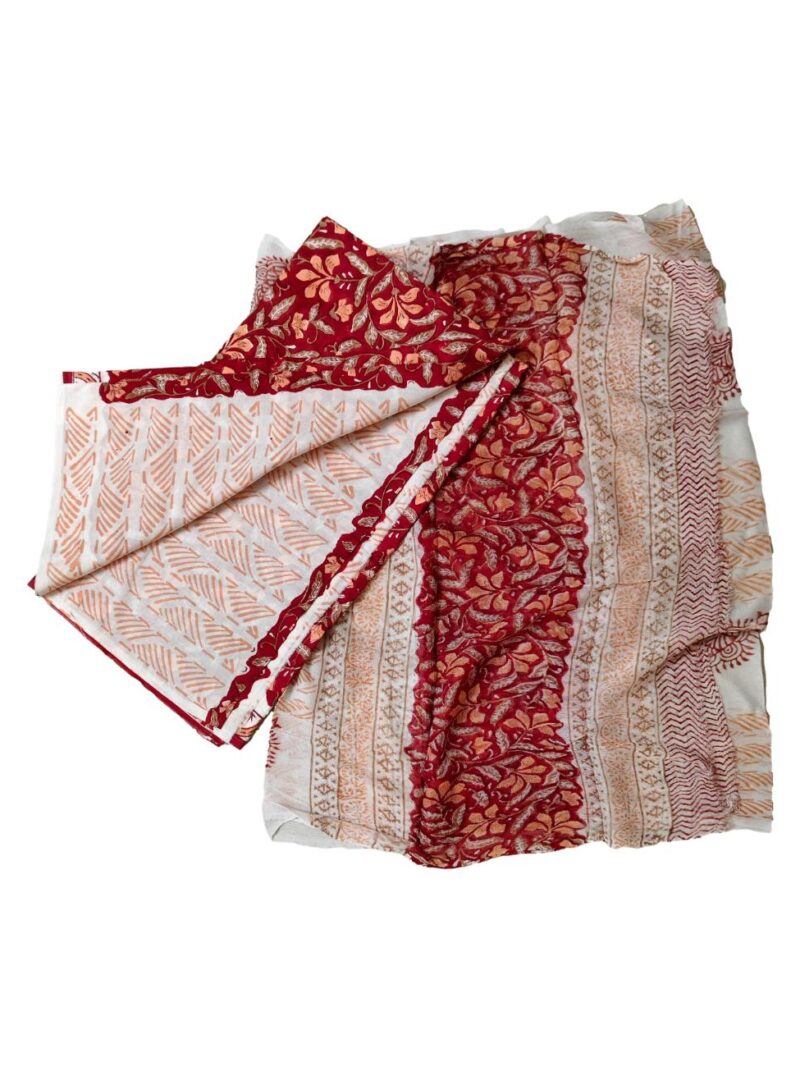 Pure Cotton hand block printed women's dress material with pure chiffon dupatta - Red and White (Unstitched)