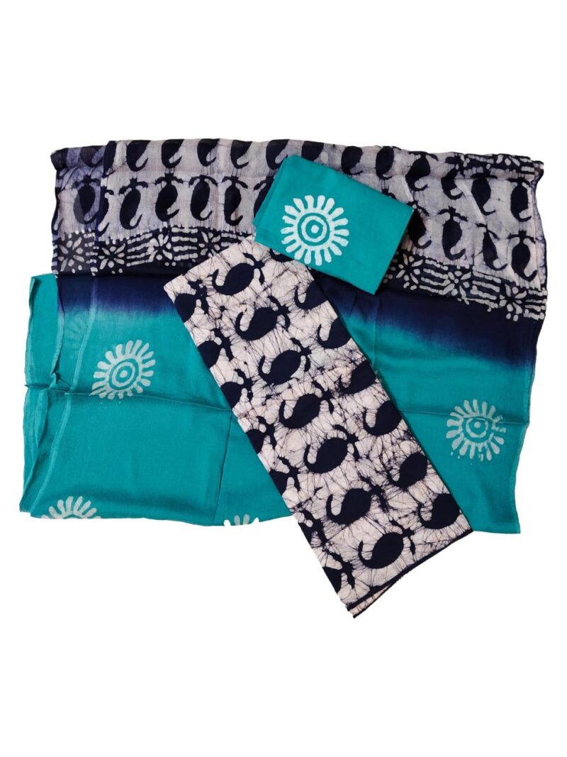 Pure Cotton batik printed women's dress material with pure chiffon dupatta - Blue (Unstitched)