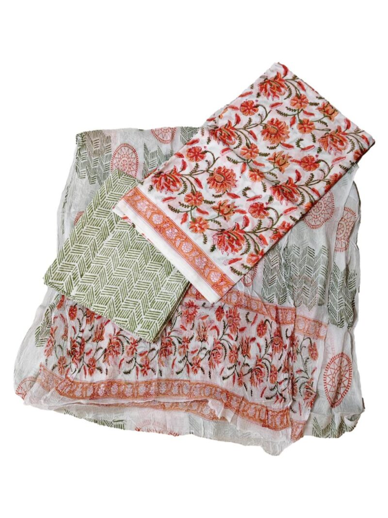 Pure Cotton hand block printed women's dress material with pure chiffon dupatta - Orange (Unstitched)