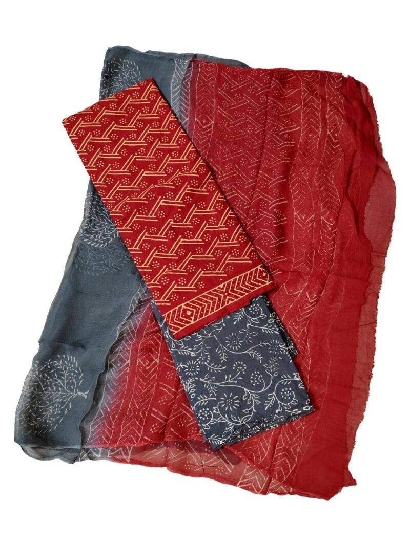 Pure Cotton hand block printed women's dress material with pure chiffon dupatta - Red and Grey (Unstitched)