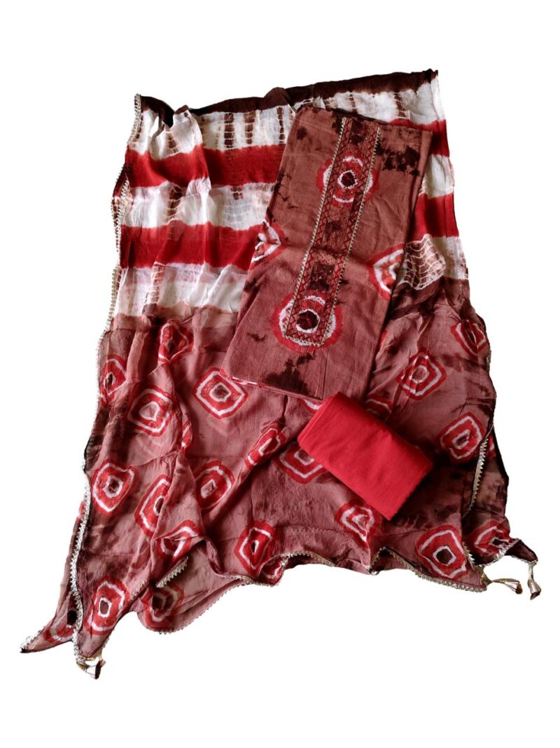 Pure Cotton tie and dye printed women's dress material with pure cotton dupatta - Brown (Unstitched)