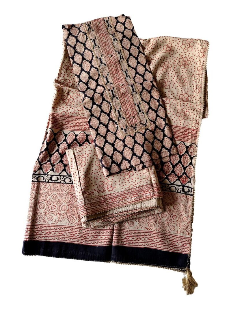 Pure Cotton hand block printed women's dress material with pure cotton dupatta - Black (Unstitched)