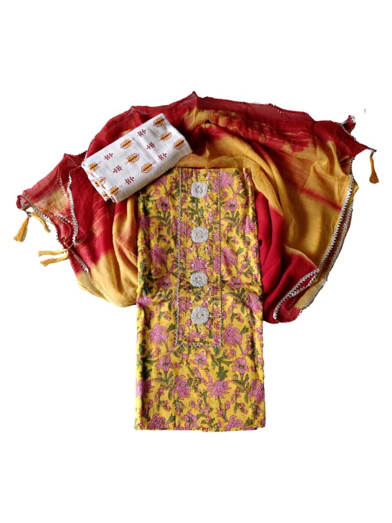 Pure Cotton hand block printed women's dress material with pure Chiffon dupatta - Yellow and Red (Unstitched)