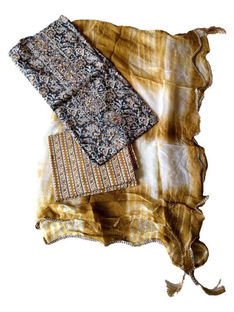 Pure Cotton hand block printed women's dress material with pure Chiffon dupatta - Green and Yellow (Unstitched)