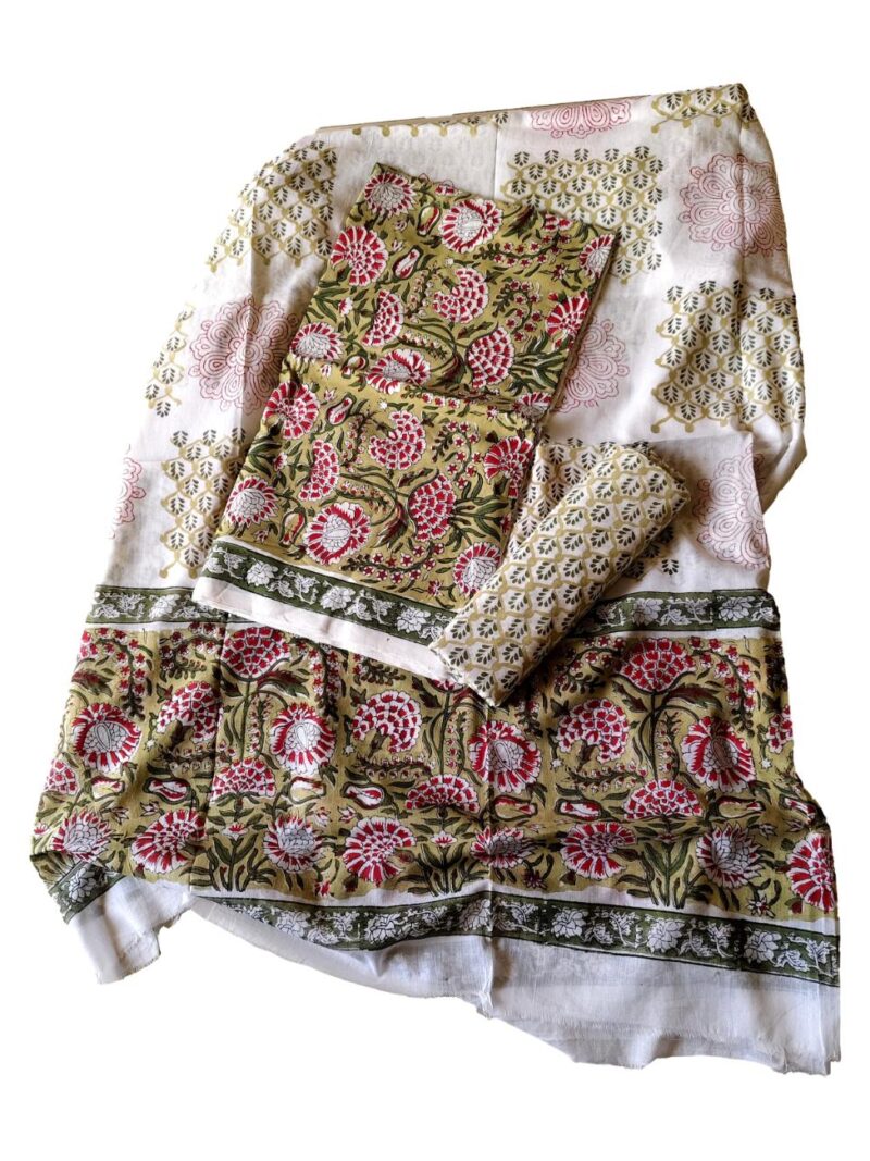 Pure Cotton hand block printed women's dress material with pure cotton dupatta - Green and White (Unstitched)