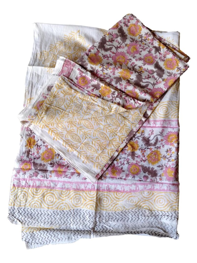 Pure Cotton hand block printed women's dress material with pure cotton dupatta - Pink and White (Unstitched)