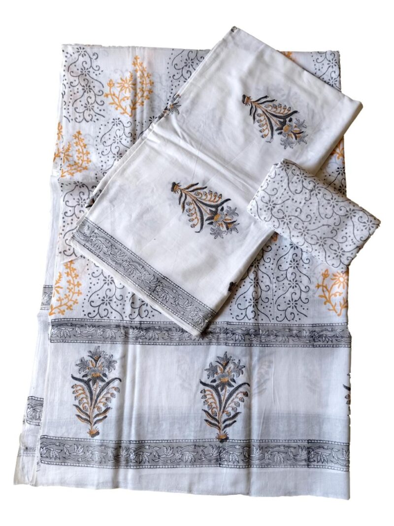 Pure Cotton hand block printed women's dress material with pure cotton dupatta - White and Grey (Unstitched)