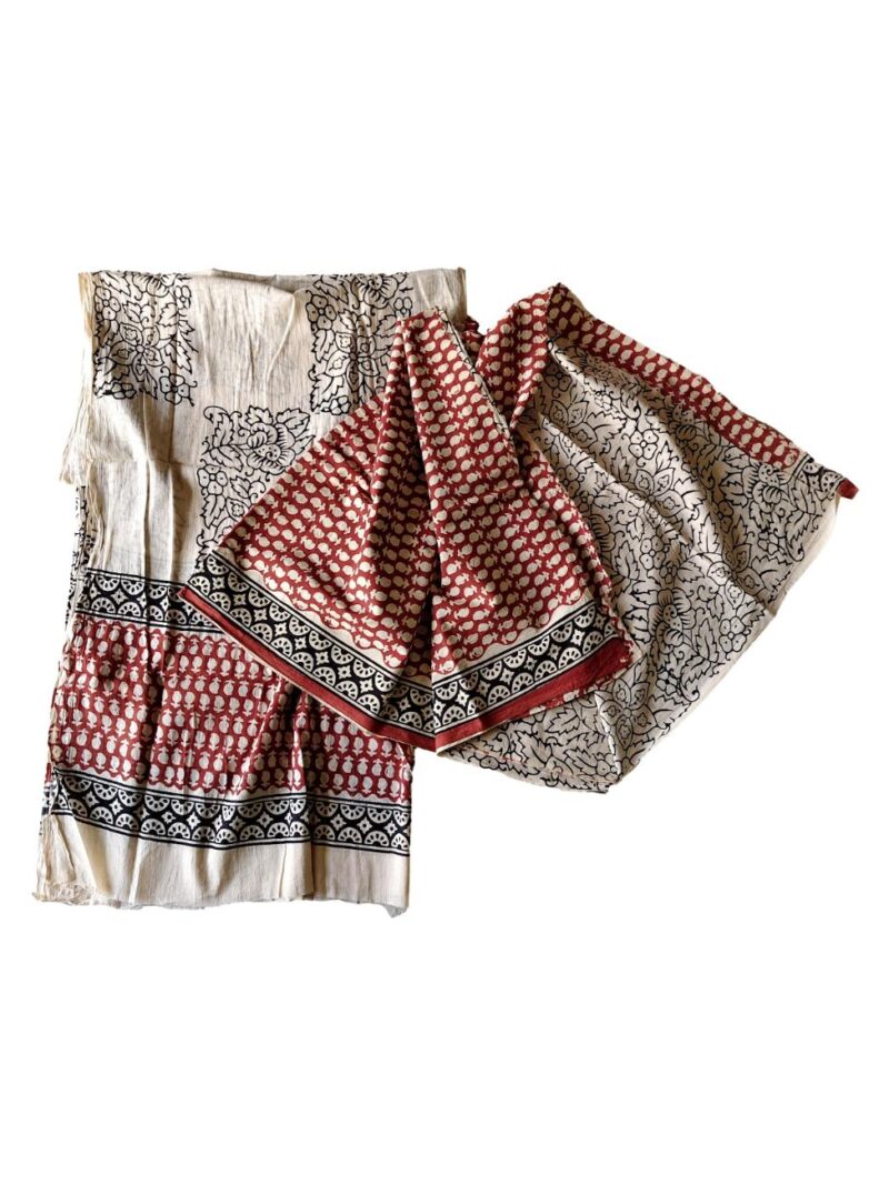 Pure Cotton hand block printed women's dress material with pure cotton dupatta - Brown and Cream (Unstitched)