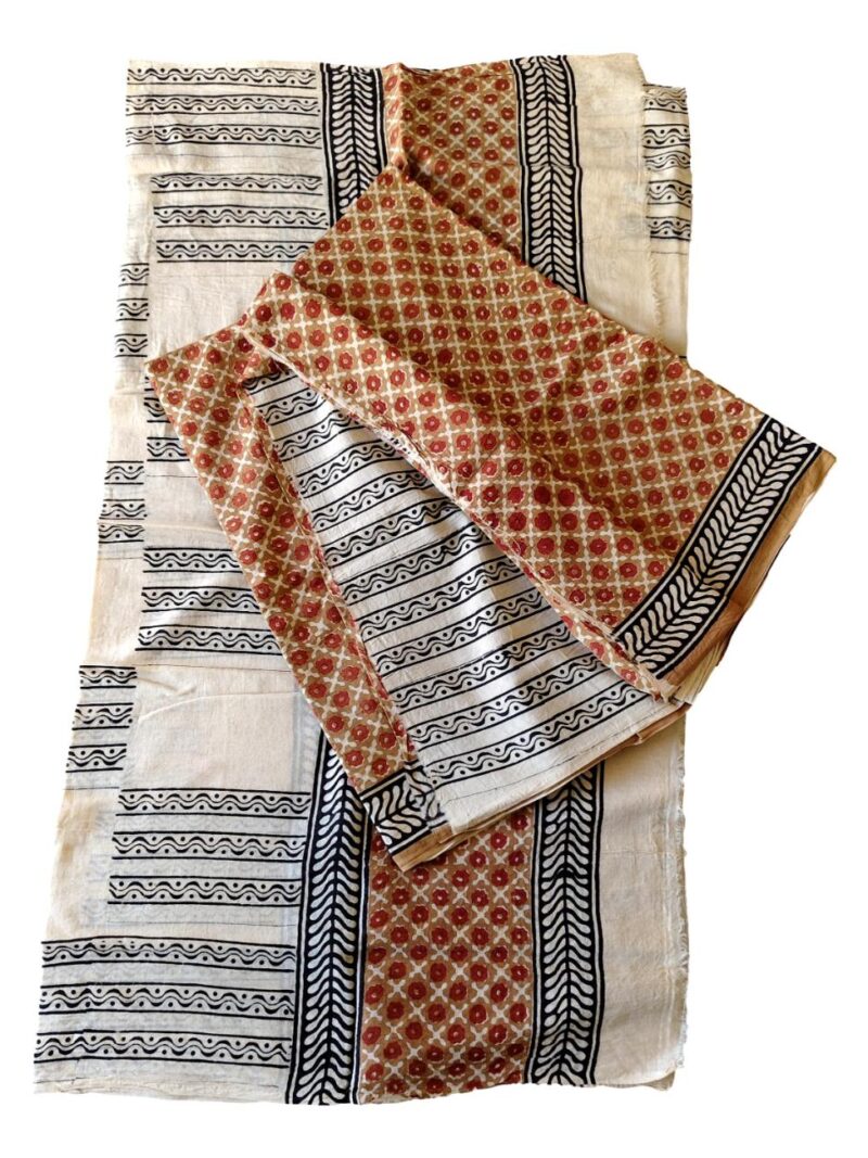 Pure Cotton hand block printed women's dress material with pure cotton dupatta - Brown and Cream (Unstitched)
