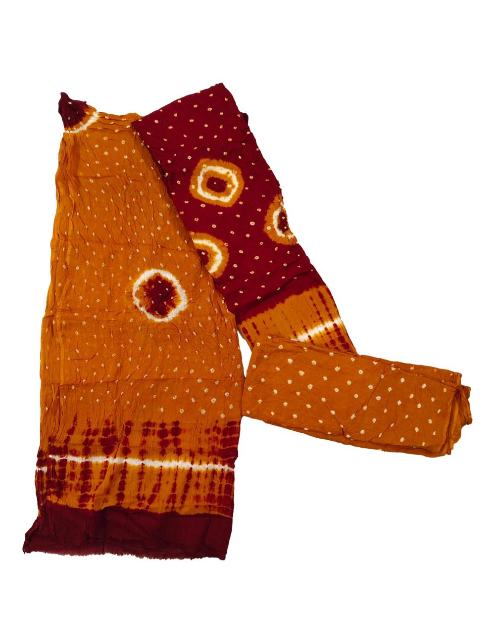 Women's Pure Cotton Rajasthani Bandhani unstitched dress material with dupatta (Maroon and Mustard) - Image 2