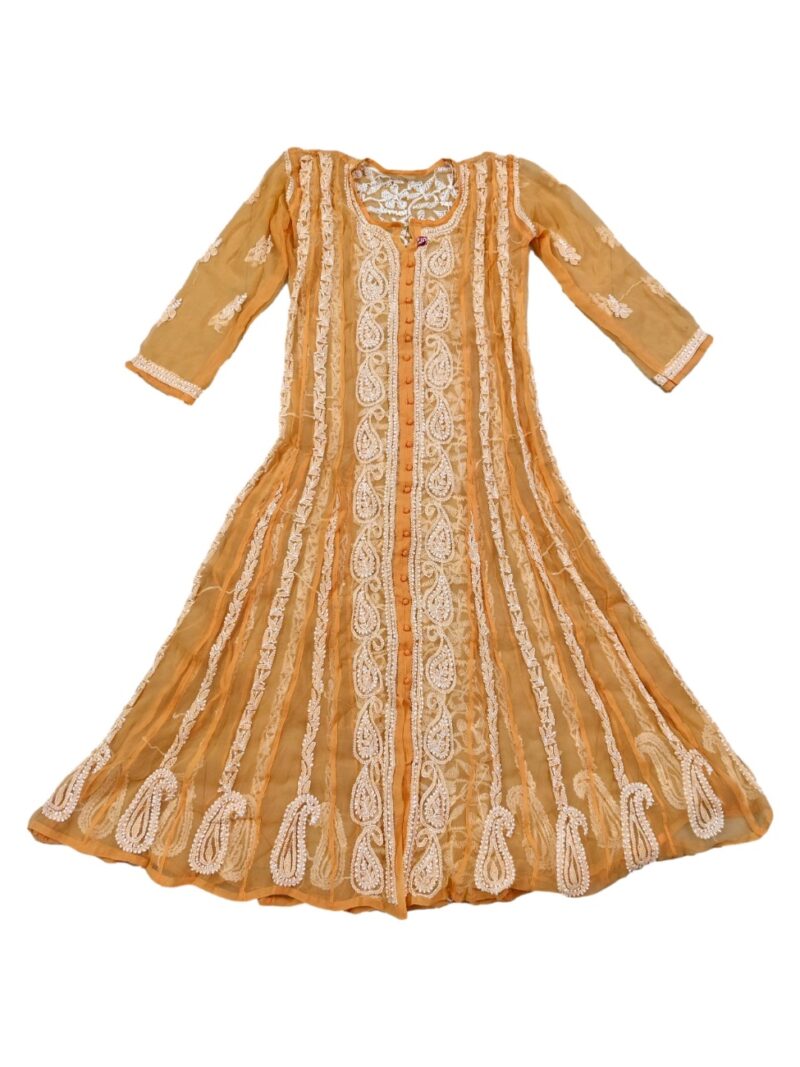 Women's Chiffon Hand Embroidered Chikankari A-Line Kurta with full jaal work - Orange