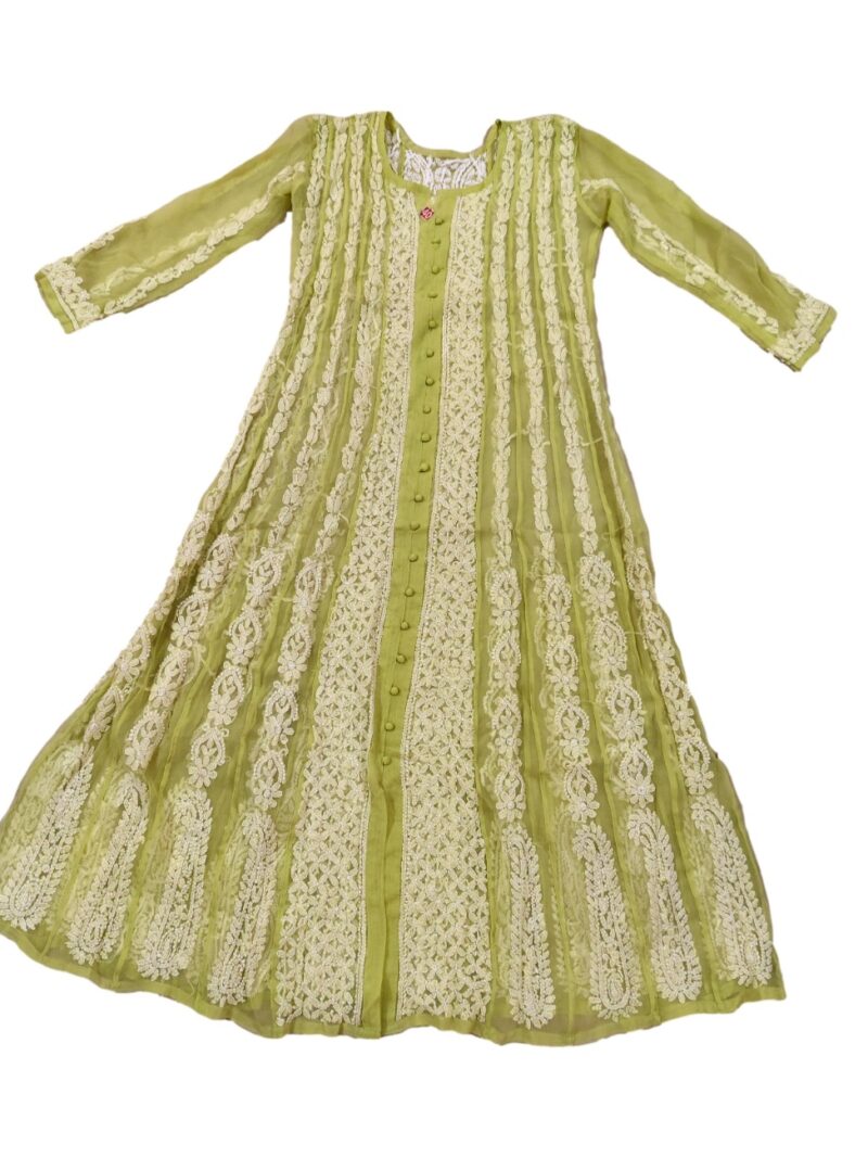 Women's Chiffon Hand Embroidered Chikankari A-Line Kurta with full jaal work- Green
