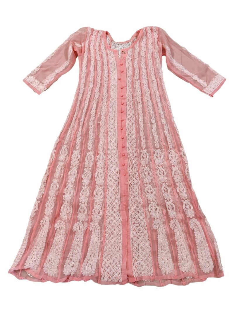 Women's Chiffon Hand Embroidered Chikankari A-Line Kurta with full jaal work- Pink