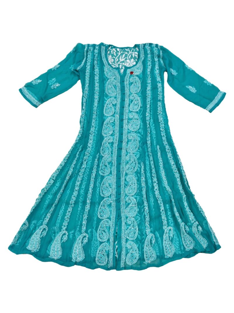 Women's Chiffon Hand Embroidered Chikankari A-Line Kurta with full jaal work- Green