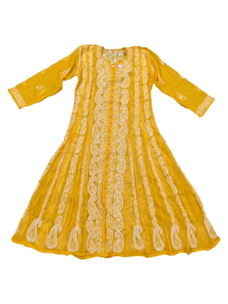 Women's Chiffon Hand Embroidered Chikankari A-Line Kurta with full jaal work- Yellow