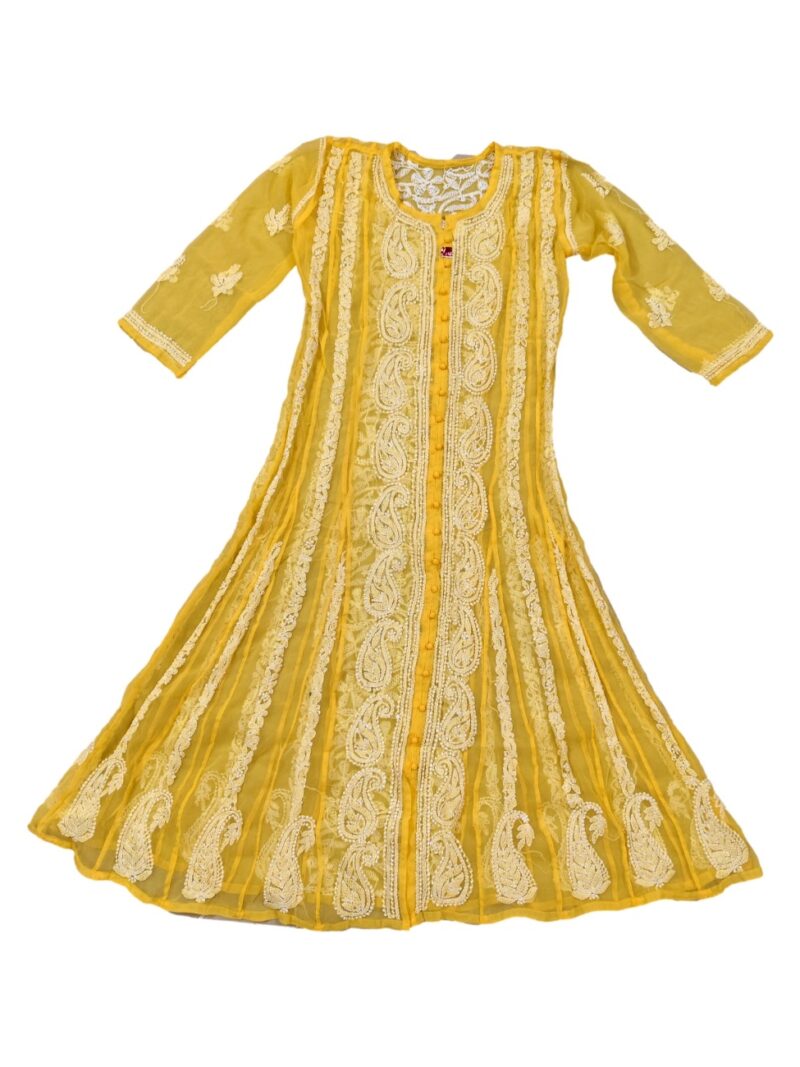 Women's Chiffon Hand Embroidered Chikankari A-Line Kurta with full jaal work- Yellow