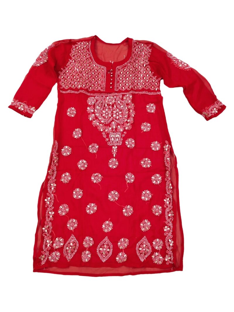 Women's Chiffon Hand Embroidered Chikankari straight Kurta with Gota patti work- Red