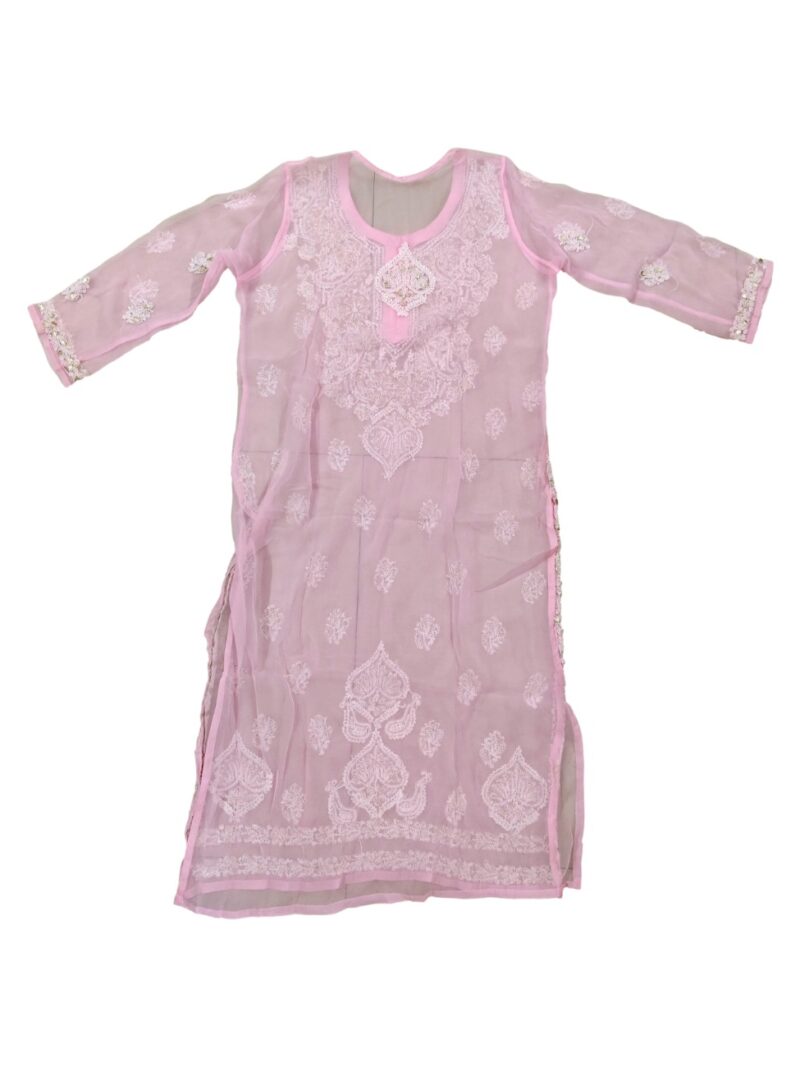 Women's Chiffon Hand Embroidered Chikankari straight Kurta with Gota patti work- Pink