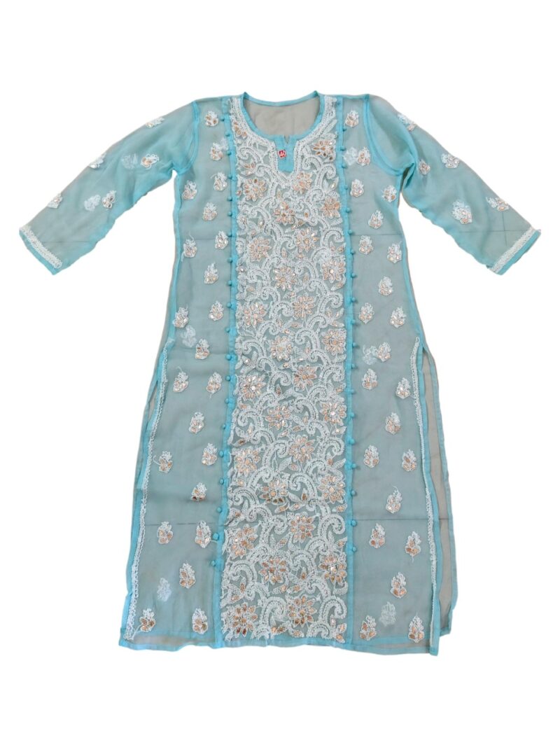 Women's Chiffon Hand Embroidered Chikankari straight Kurta with Gota patti work- Blue
