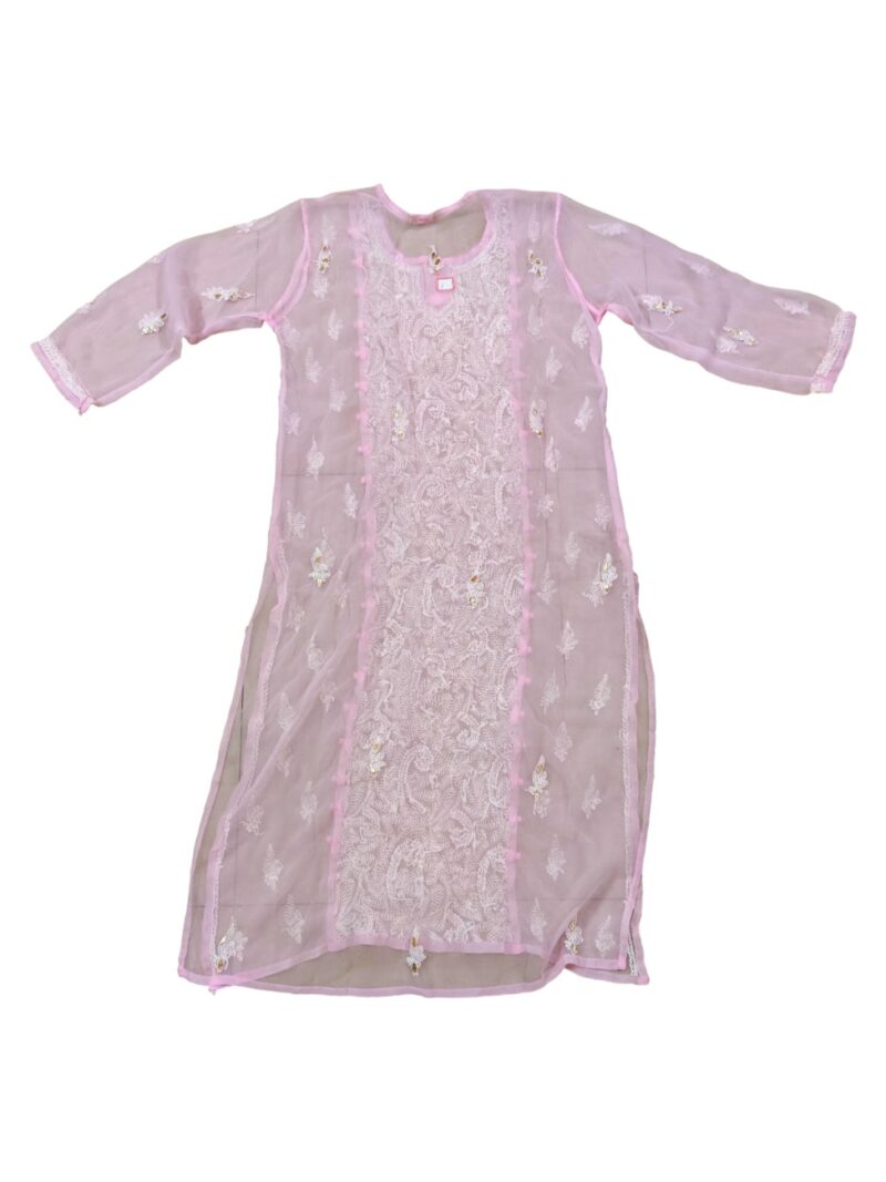 Women's Chiffon Hand Embroidered Chikankari straight Kurta with Gota patti work- Pink