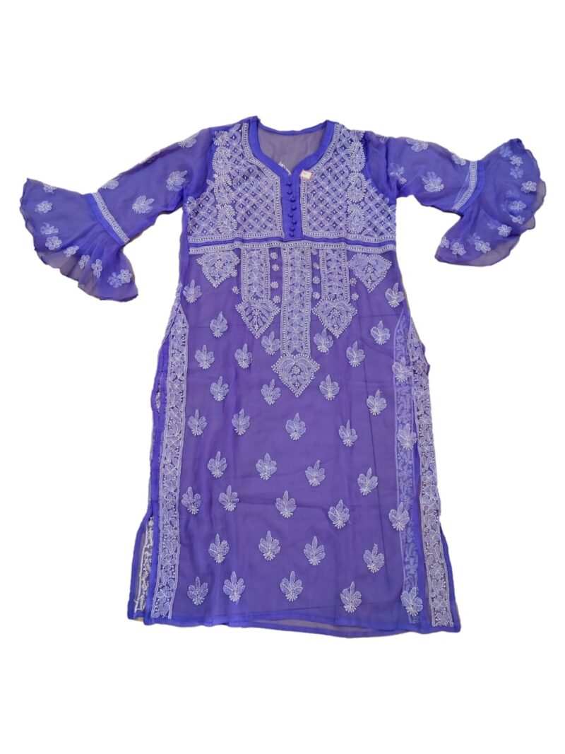 Women's Chiffon Hand Embroidered Chikankari straight kurta  - Blue